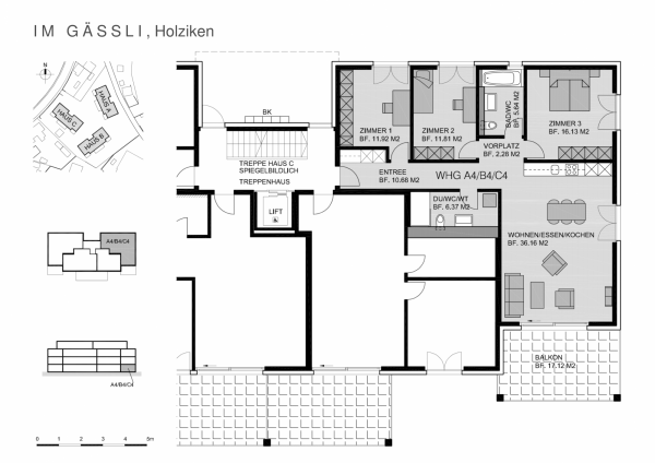 Plan Erdgeschoss 4 ½-Zimmer-Wohnungen A4/B4/C4 